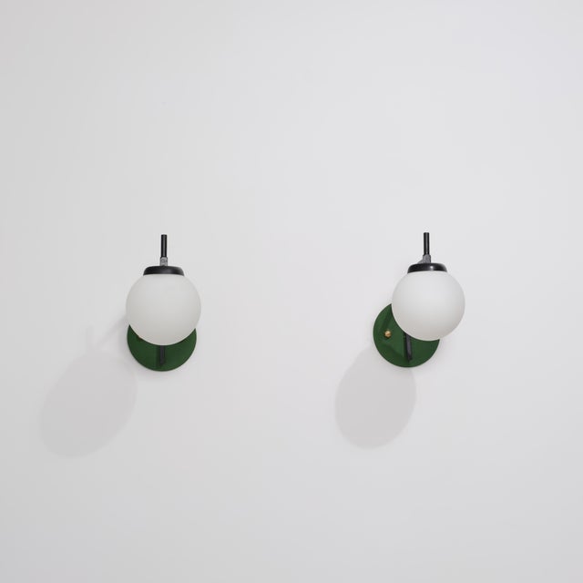 Green Italian Curved Wall Sconces with Opaline Globes and Green Backplates, 1950s, Set of 2 For Sale - Image 8 of 11