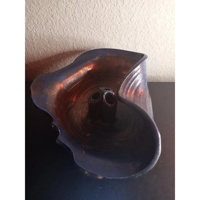 1970s Signed Schartz Iridescent Brutalist Raku Flower Frog Bowl For Sale - Image 4 of 6
