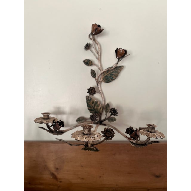 Art Nouveau 1950s Tole Floral Wall Sconce For Sale - Image 3 of 13