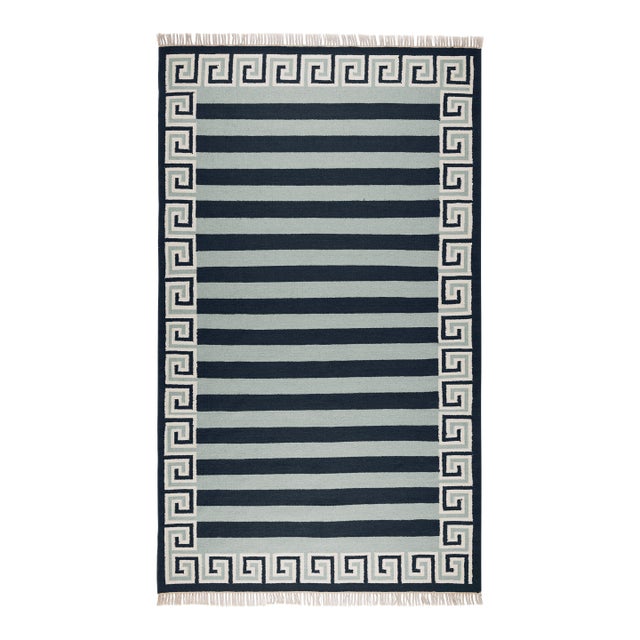 Part & Parcel Goods Wool Stripe Rug, 2’6” x 10', Sky Blue, Navy and Eggshell For Sale