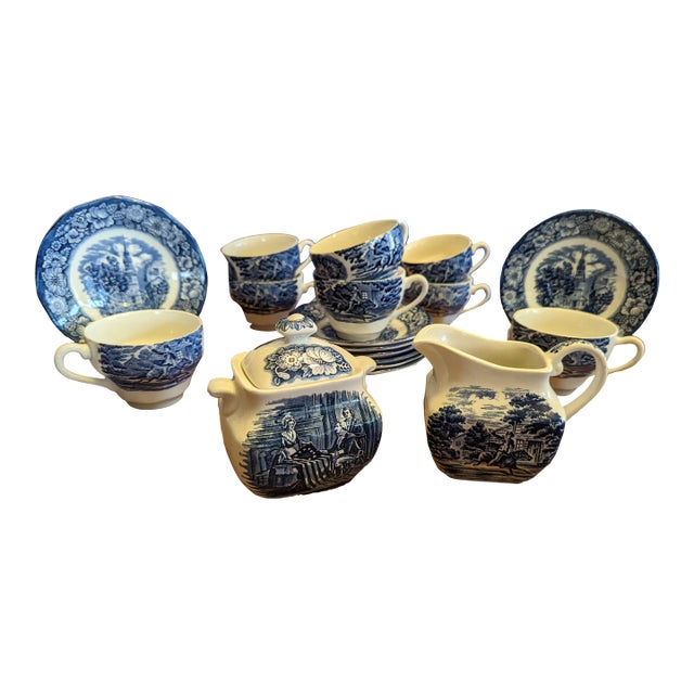 1970s Staffordshire Liberty Blue Coffee Cups/Saucers, Creamer, Sugar Bowl Service for 8- 19 Pieces For Sale
