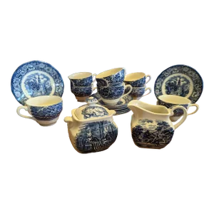 1970s Staffordshire Liberty Blue Coffee Cups/Saucers, Creamer, Sugar Bowl Service for 8- 19 Pieces