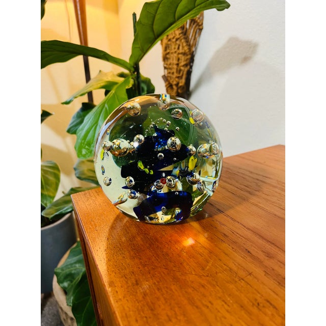 Vintage Murano Solid Glass Orb 6” Decorative Paperweight Beautifully crafted with pretty blue center and red and yellow...