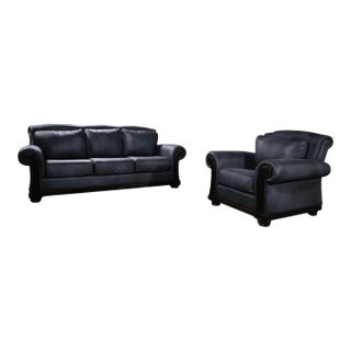 Restored Dark Charcoal Leather Sofa & Club Chair Set – Classic Rolled Arm Design For Sale