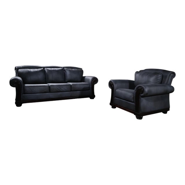 Restored Dark Charcoal Leather Sofa & Club Chair Set – Classic Rolled Arm Design For Sale