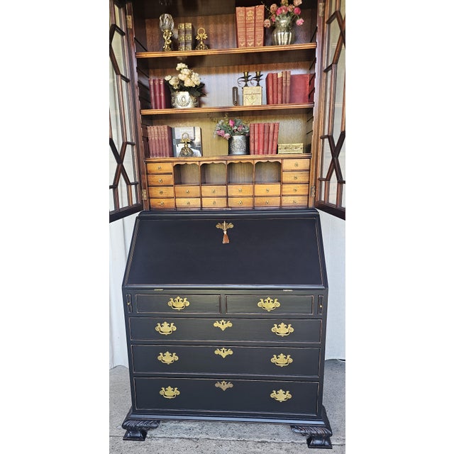 1940s Black Chippendale Style Secretary Desk/ Secretary Hutch, 2 Piece Cabinet For Sale - Image 10 of 17