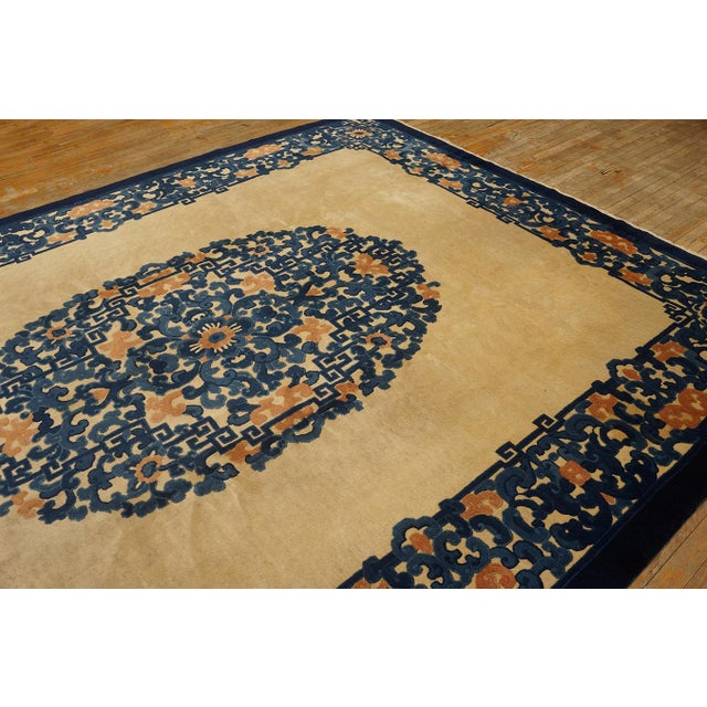 Superb Tan Beige and Blue Color With Chinoiserie Design Antique Chinese Peking Rug For Sale In New York - Image 6 of 10