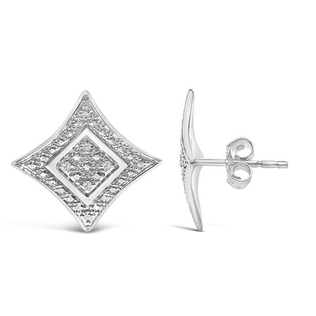 Contemporary .925 Sterling Silver Diamond Accented 4-Stone Four Pointed Star Shaped Halo-Style Stud Earrings (H-I Color, I2-I3 Clarity) For Sale - Image 3 of 6