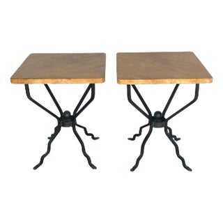 French Modern Iron & Marbleized Wood End Tables - A Pair For Sale