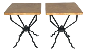 Sheik French Modern Iron & Marbleized Wood End Tables - a Pair