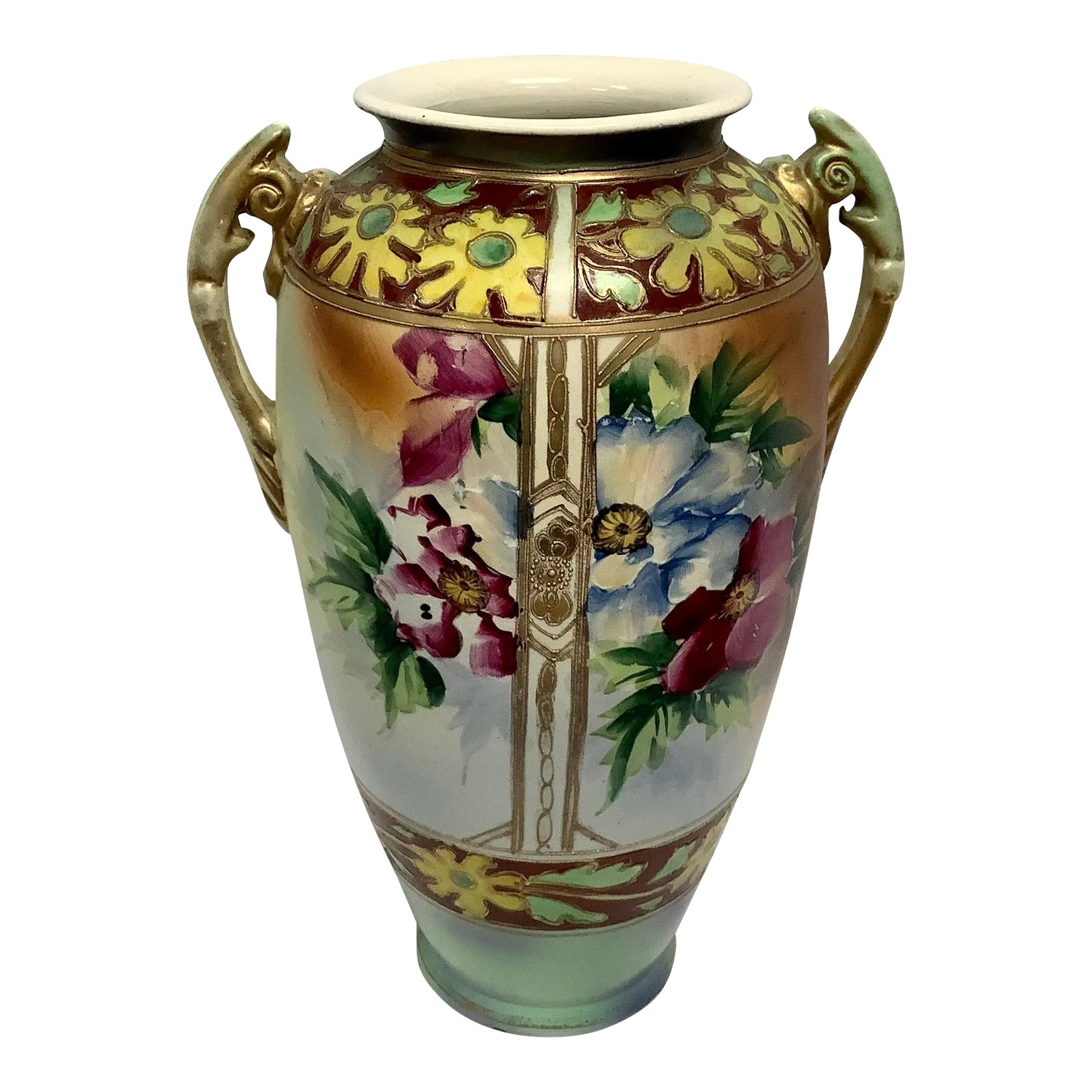 Vintage Hand Painted Made in Japan With Gilt Handles Vase | Chairish