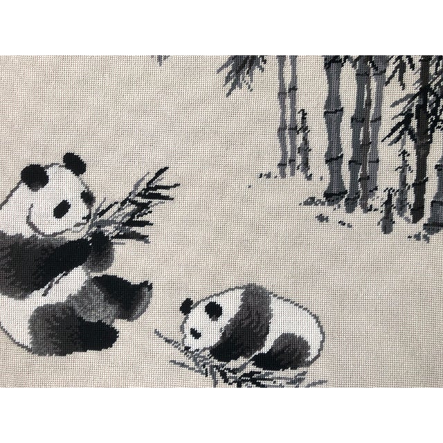 Large Vintage Chinoiserie Panda Bear And Bamboo Framed Needlepoint