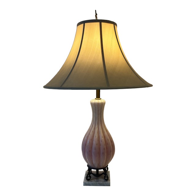 Vintage Murano Pink Ribbed Glass Table Lamp on Marble Base For Sale