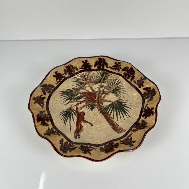 20th Century Crackle-Glazed Earthenware Dish with Exotic Decoration of Monkeys and Palm Trees, 1940s For Sale - Image 3 of 9