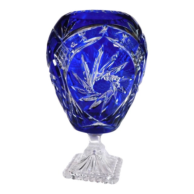 Blue Cut to Clear Footed Vase For Sale