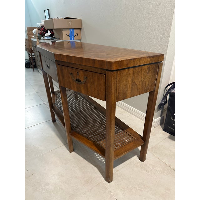 Wood Vintage Drexel 3-Drawer Console Table / Buffet Server With Cane Shelf For Sale - Image 7 of 11