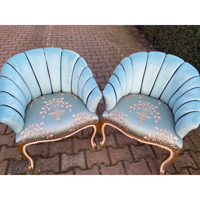 Sky Blue 1980s Artisan Gilded Beech Louis XV Blue Side Chairs Pair For Sale - Image 8 of 10