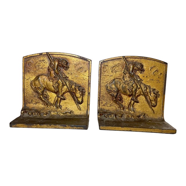 Pair of Antique Gold Gilded Iron Indian on Horse Equestrian Ride Home Bookends For Sale