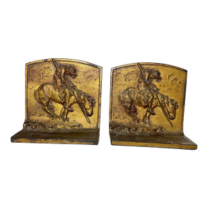 Pair of Antique Gold Gilded Iron Indian on Horse Equestrian Ride Home Bookends