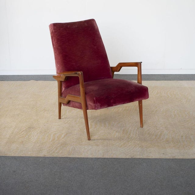 Armchairs in Curved Wood with Burgundy Velvet Upholstery by Osvaldo Borsani, 1960s, Set of 3 For Sale - Image 9 of 9
