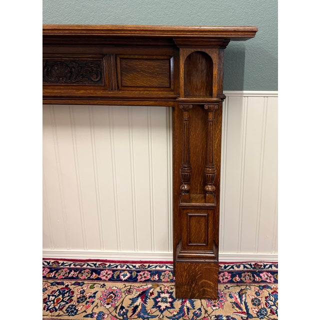 Wood Antique English Fireplace Mantel Surround Renaissance Revival Oak c.1920s-30s For Sale - Image 7 of 18