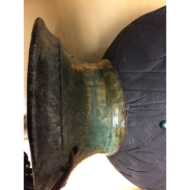 Army Green Mid Century Green Raku Pottery Lamp For Sale - Image 8 of 11