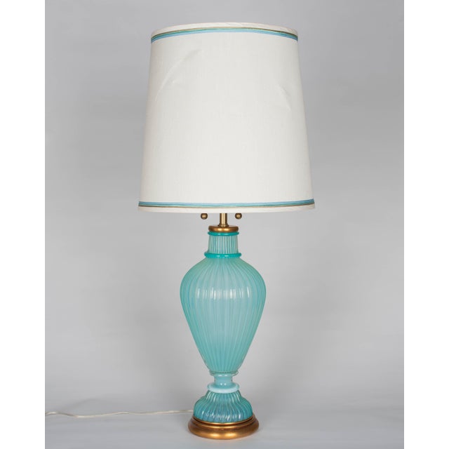 A large aqua blue Murano glass table lamp by Archimede Seguso for The Marbro Lamp Company. Handblown glass is in two parts...