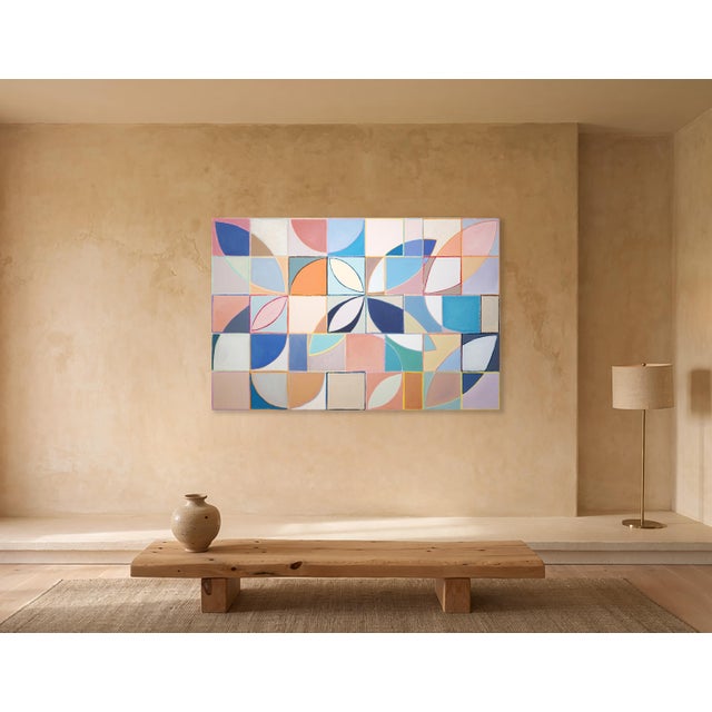 Textile 2026, Geometric Bauhaus Floral Painting on Canvas, Plucking Petals, Squares Grid by Natalia Roman For Sale - Image 7 of 8
