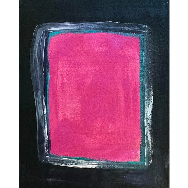 Oil painting on handcrafted paper of a large cranberry color field surrounded by a thin blue and white border encapsulated...