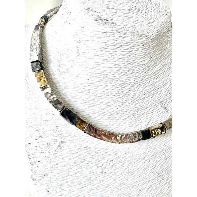 Contemporary Vintage Sterling Silver and Gold Plated Hammered Tube Beaded Necklace For Sale - Image 3 of 3