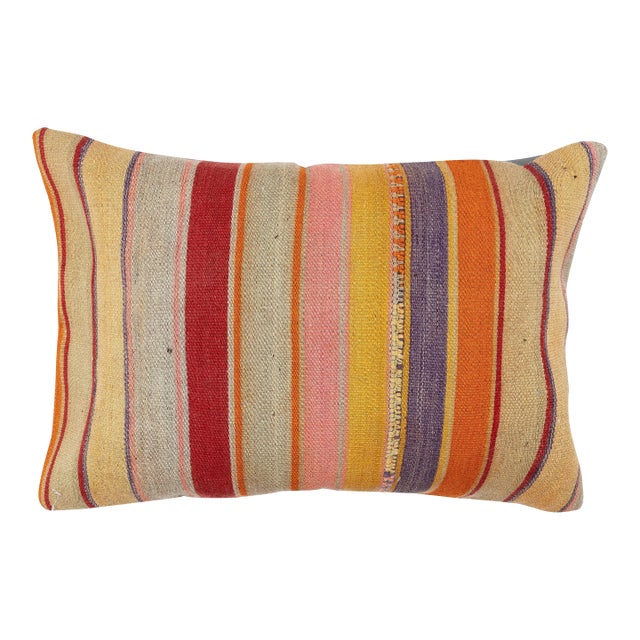 16"x24" Hand-Woven Kilim Cushion Cover. Colorful Striped Lumbar Pillow Cover For Sale