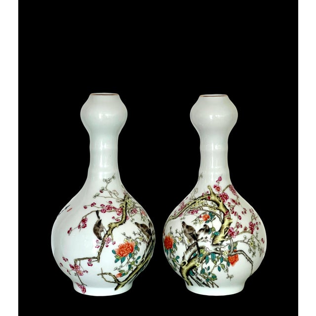 Metal Famille Rose Chinese Fine White Porcelain Garlic Head Vases With Birds & Cherry Blossoms, a Pair For Sale - Image 7 of 14