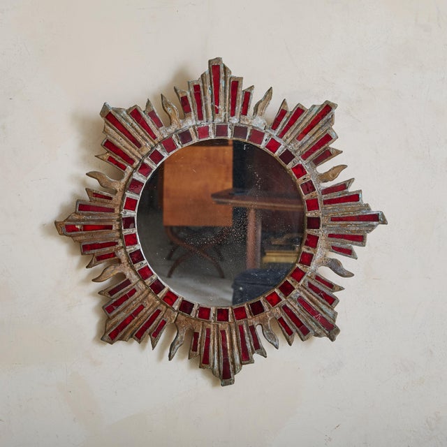 This 1960s Brutalist metal wall mirror was handcrafted by French artisan Irena Jaworska, a protégé of the Line Vautrin...