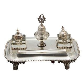 Silver Inkwell with Glass Tanks, Bell and Cord Base For Sale