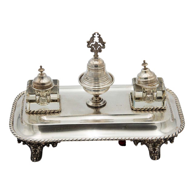 Silver Inkwell with Glass Tanks, Bell and Cord Base For Sale