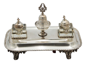 Silver Inkwell with Glass Tanks, Bell and Cord Base