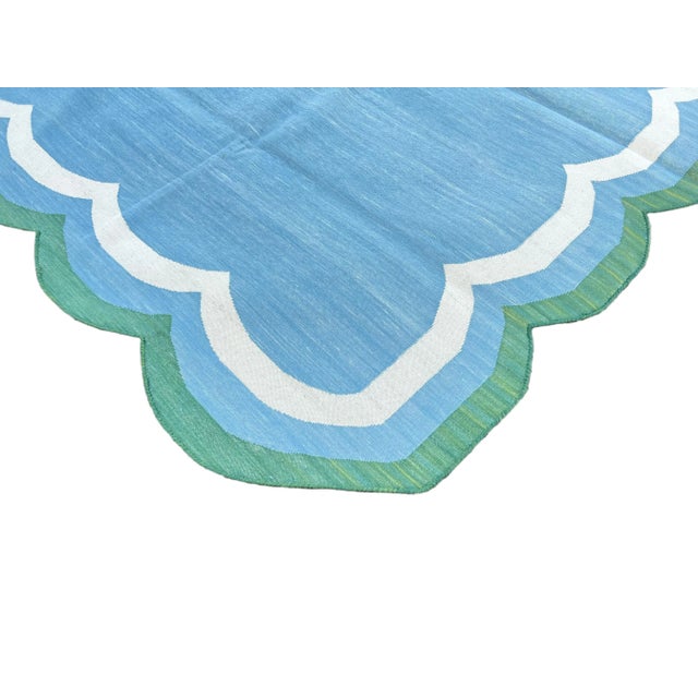 Not Yet Made - Made To Order Handmade Cotton Area Scalloped Rug Sky Blue, Cream and Forest Green Border Dhurrie - 5'x8' For Sale - Image 5 of 11