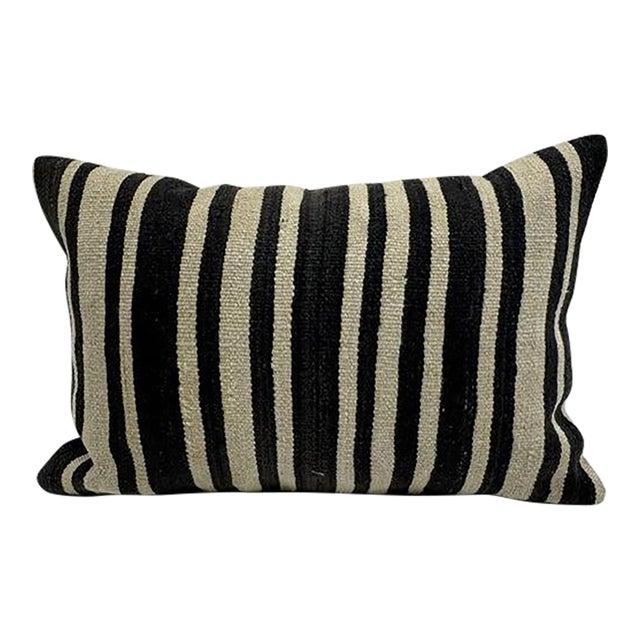Turkish Hemp Pillow Cushion Natural Beige Black Pillow Cushion Cover 16" x 24" For Sale