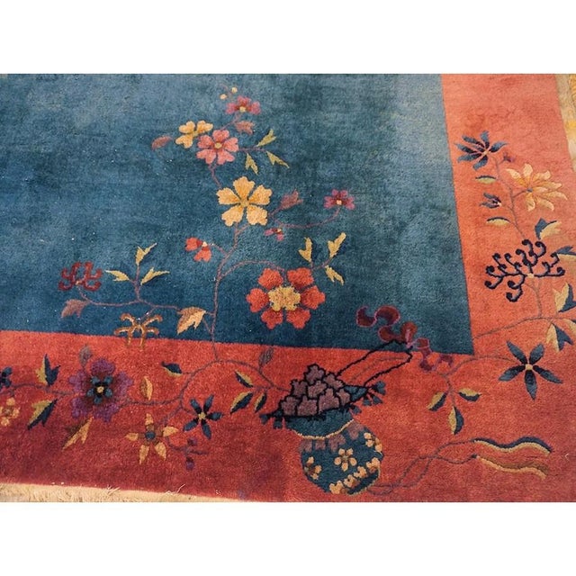 Blue Open Field Antique 1920s Walter Nichols Wool Chinese Art Deco Carpet Rug For Sale - Image 9 of 10