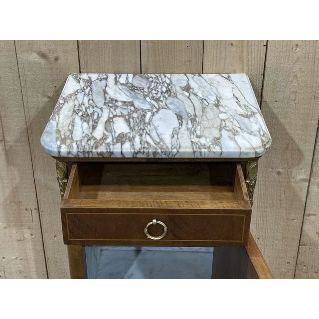 Brown Nightstand in Marquetry and White Marble, Early 20th Century For Sale - Image 8 of 10