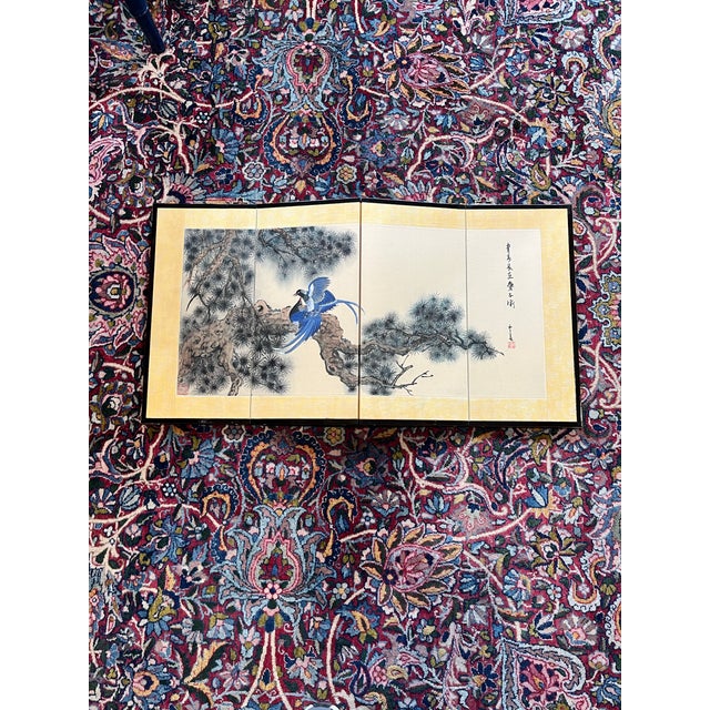 Blue 1970s Small Asian Four Panel Silk Hand Painted Folding Screen For Sale - Image 8 of 11