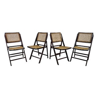 Folding Wooden Chairs with Raffia, 1970s, Set of 4 For Sale