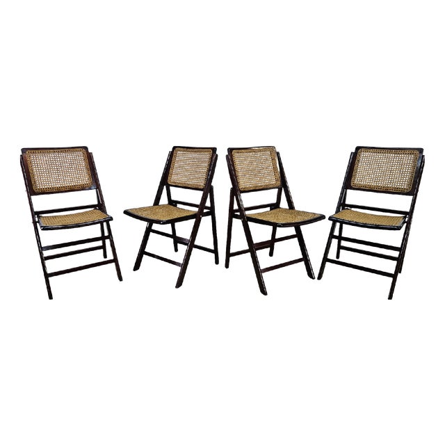 Folding Wooden Chairs with Raffia, 1970s, Set of 4 For Sale