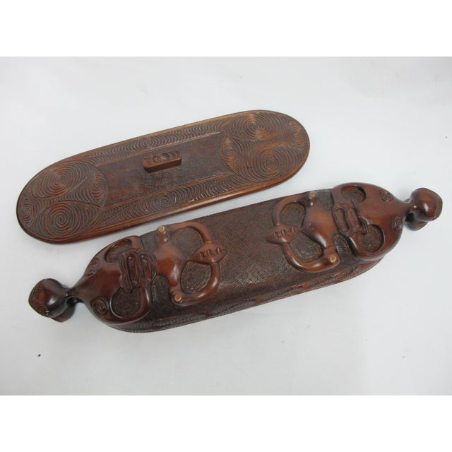 Maori New Zealand Carved Wood Oval Lidded Treasure Box With Abalone Shell For Sale - Image 9 of 13