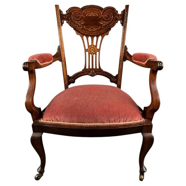 Edwardian Mahogany & Satinwood Inlaid Armchair with Castors, 1905 For Sale - Image 9 of 9