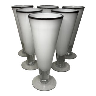 Mid 20th Century Modern White Cased Art Glass Highball Glasses With Black Rims - Set of 6 For Sale