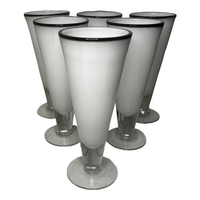 Mid 20th Century Modern White Cased Art Glass Highball Glasses With Black Rims - Set of 6 For Sale