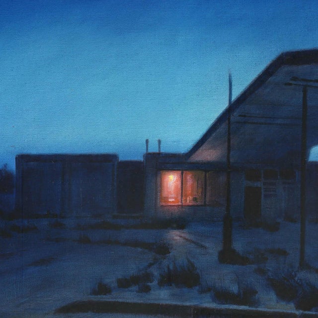 Contemporary Station Blue by Mark Harrison | Oil on linen of an abandoned gas station at dusk For Sale - Image 3 of 4