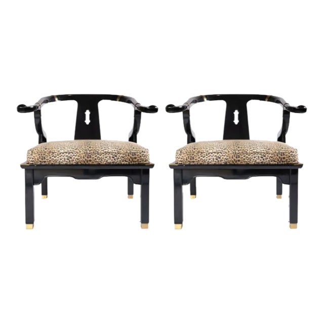 Mid 20th Century James Mont Style Ming Black Lacquer & Brass Chairs, a Pair For Sale