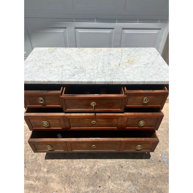 French 19th Century Louis XVI Walnut Carrara Marble Top Chest of Drawers For Sale - Image 6 of 12